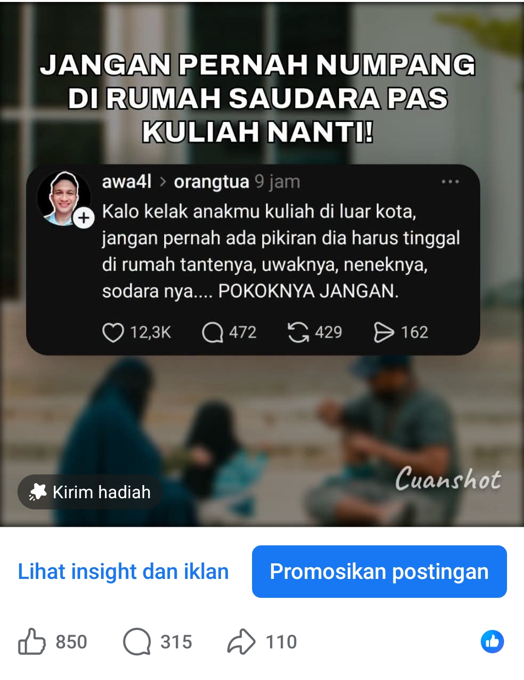 850 like, 315 komentar, 110 share di satu postingan